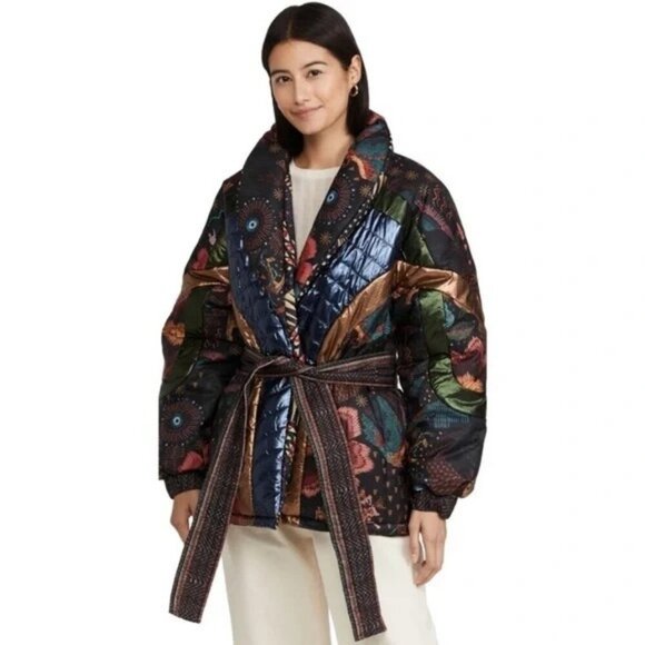 💕FARM RIO💕 Black Wild Bananas Metallic Reversible Puffer Jacket Large L NWT - Picture 4 of 16